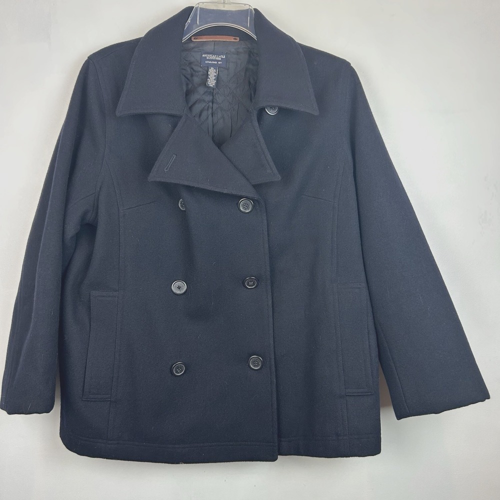 AE Pea Coat Womans XL Wool Blend Double Breasted Dark Navy Classic Warm Read